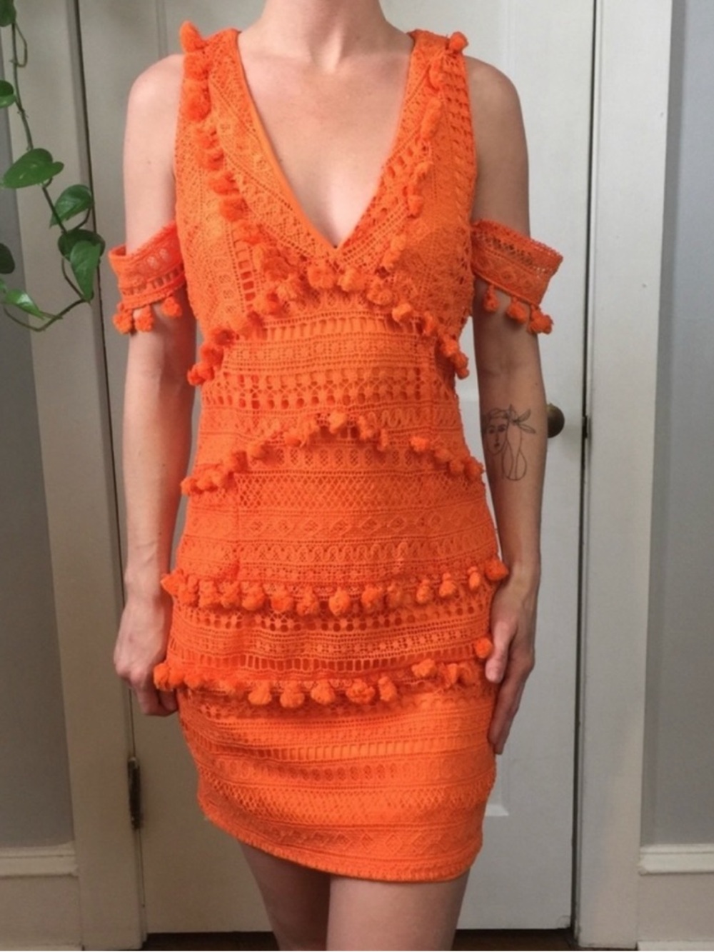 Nasty Gal Orange Crochet Pom-Pom Mini Dress